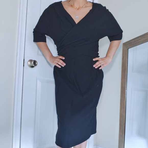 Lavia Size 10 Italian Black Midi Wrap Front Dress Half Sleeve Knee Length V-Neck - Picture 1 of 5
